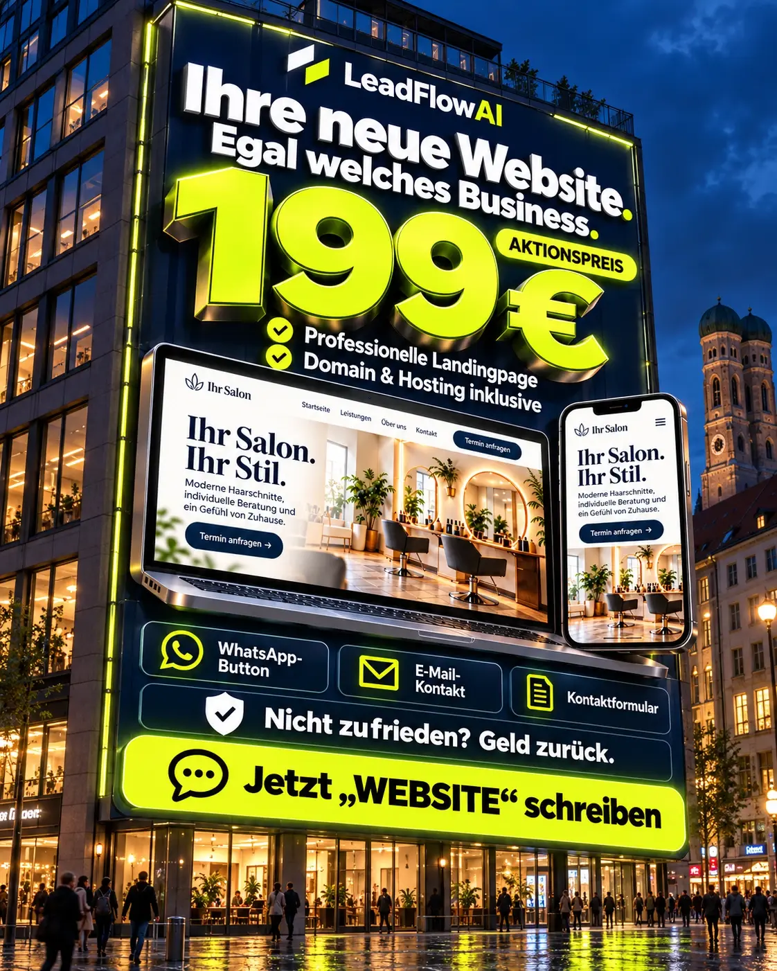 Werbemotiv der LeadFlowAI-Aktion: Website zum Aktionspreis von 199 €, mit Laptop- und Smartphone-Ansicht einer Beispielwebsite.
