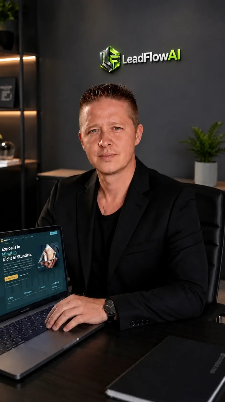 Lars Jahnke, Ihr Ansprechpartner bei LeadFlowAI, am Schreibtisch mit Laptop